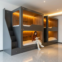 Lit capsule d'hôtel gris moderne avec tiroir de rangement et escalier, certifié CE FSC, lit double superposé pour dortoir, cabine de sommeil pour optimiser l'espace