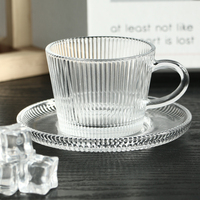 Ensemble tasse et soucoupe en verre rayé gaufré de haute qualité, verre à boire transparent pour lait et latte avec poignée