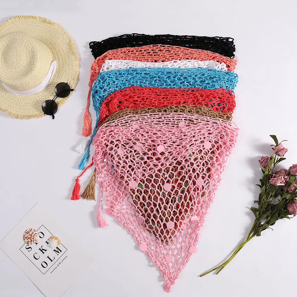 Phụ Nữ Sequined Fishnet Hollow Out Crochet Bọc Sarong Váy Tam Giác Bikini Áo Tắm Che Lên VÁY TẮM Phù Hợp Với Beachwear Ăn Mặc