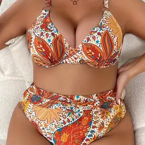 Holiday Backless Suspender Printed Plus Size Bathing Suit Sexy Fashion High Waisted Xxxxl Plus Size Bikini