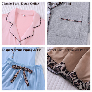Pigiama Estivo da Donna con Bordo Leopardato, Maniche Corte, Pantaloncini, Bottoni, Orlo Arricciato, Morbido ed Elastico, Casual, per il Relax e il Sonno - Product Image 5