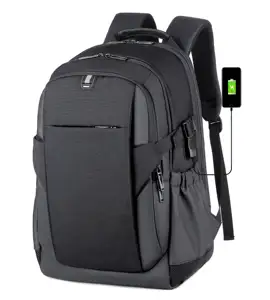 Tas Punggung Nilon 15 Inci Ritsleting Hitam Sekolah Logo Kustom Tas Ransel Dapat Diperluas dengan Kompartemen Laptop Konektor Usb Komputer