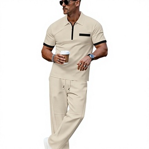 Ensemble polo et pantalon sport gris pour homme, tenue d'été respirante en polyester/coton tricoté, costume décontracté deux pièces à séchage rapide - Product Image 2