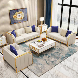 लक्जरी गोल्डन मेटल फ्रेम ऑफिस चमड़े के सोफे 3 सीट संयोजन सोफे घर के लिए आधुनिक सोफे सेट करें - Product Image 3