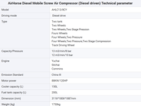Compresseur d'air industriel portable diesel à vis certifié CE, 423 CFM, 10 bars, 12 m³/min pour marteaux pneumatiques, foreuses pneumatiques