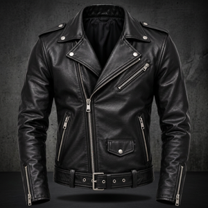 Blouson en cuir noir pour homme, style motard, coupe ajustée, fermeture éclair, poches à ceinture, col montant uni, décontracté, pour l'automne et l'hiver - Product Image 3