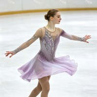 Robe de patinage artistique pour adultes et enfants, dégradé lavande, maille, manches longues, strass, dos en V, costume de patinage pour performance et compétition