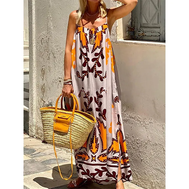 Dames Zomer Elegante Casual Etnisch Patroon Print Cami Frock Vrouwen Bohemian Vakantie Stropdas Backless Mouwloze Maxi Lange Jurk