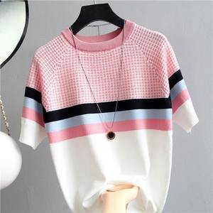 Nuovo maglione estivo coreano a contrasto in seta lavorato a maglia da <span class=keywords><strong>donna</strong></span> Pullover Slim Fit t-shirt tinta unita manica corta - Product Image 1