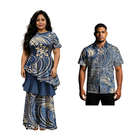 Tenues de couple créatives : Robe élégante à volants pour femme et chemise formelle pour homme, motif tribal, idéales pour les vacances, tenue de couple personnalisée et tendance.
