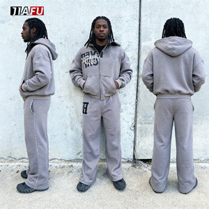 Two Piece <strong>Men's</strong> Hoodies Set High Quality Designer <strong>Clothes</strong> Custom Zip up Hoodies and Wide Leg Straight Stacked Sweat Pants - Product Image 1