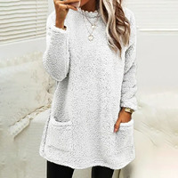 Automne hiver coréen avant Logo couleur unie cou décontracté ample à manches longues poche en peluche sueur femmes Anti-boulochage