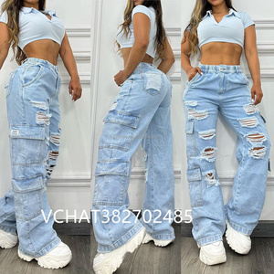 Pantalones Vaqueros <span class=keywords><strong>Cargo</strong></span> de Moda al por Mayor para <span class=keywords><strong>Mujer</strong></span>, de Color Liso, Talla Grande, de Cintura Alta, con Múltiples Bolsillos, Informales, de Mezclilla - Product Image 2