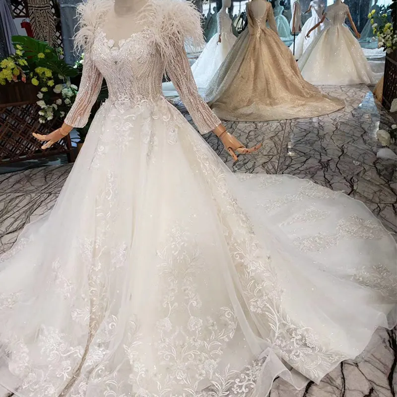 HTL252 נסיכת חתונת שמלות עם נוצת מלא שרוולים O-צוואר אפליקציות תחרה עד גב פתוח כלה חתונה עם לונג רכבת
