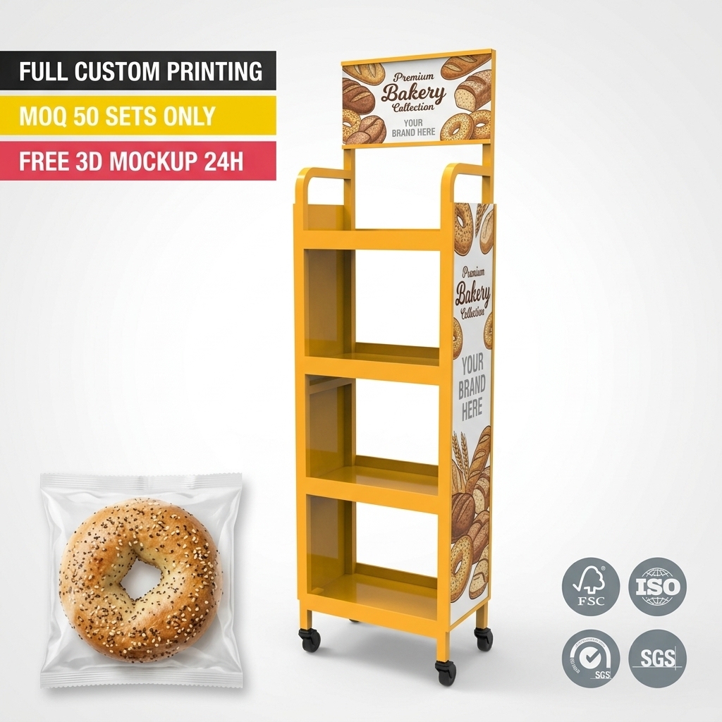 Wholesale Custom Mobile Metal Bakery Bread Display Rack Floor Standing Donut Pastry Retail Shop Shelf with Wheels Logo Stand OEM — view 1