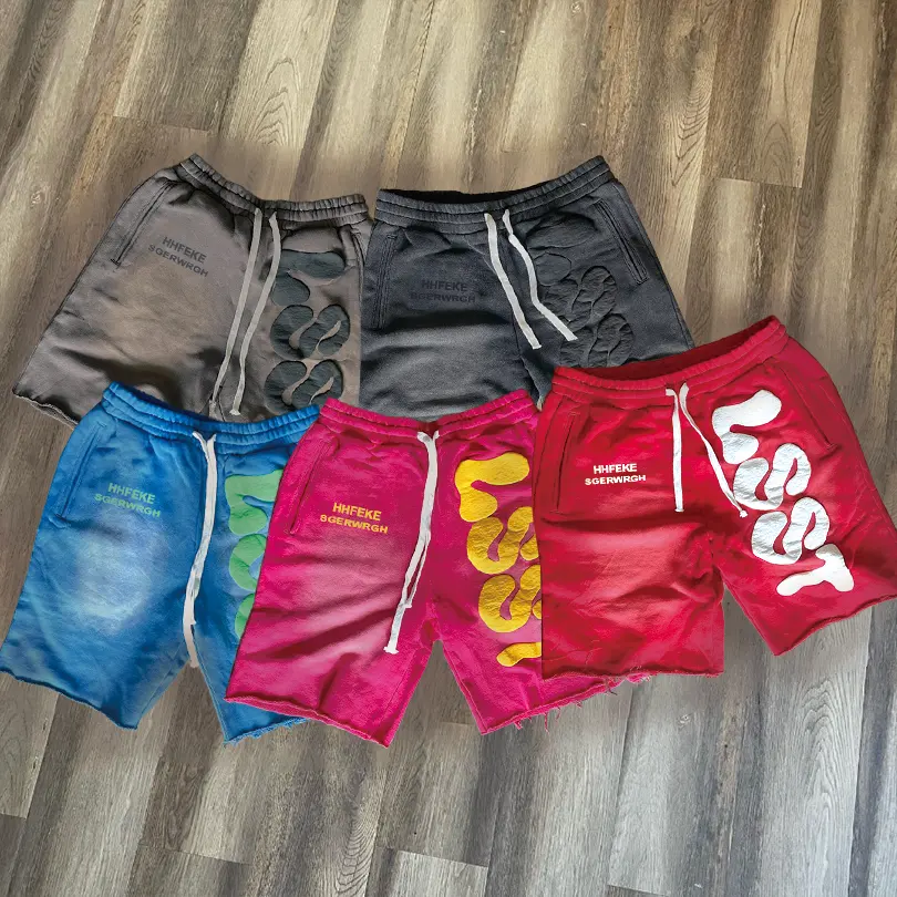 Custom Unisex Raw Hem 3D Puff Imprimir Shorts vintage 100% Algodão Shorts De Hombre Sun Faded Pedra Ácido Wash Sweat Shorts Para Homens
