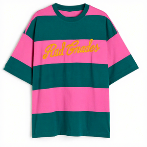 Camiseta de algodón a rayas de dos colores, estilo urbano, corte regular, hombros caídos, logotipo bordado personalizado de alta calidad, transpirable y de secado rápido. - Product Image 1