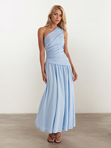 Abito lungo estivo da donna, tinta unita, senza maniche, asimmetrico, con spalle scoperte, in rete traspirante, slim casual - Product Image 4