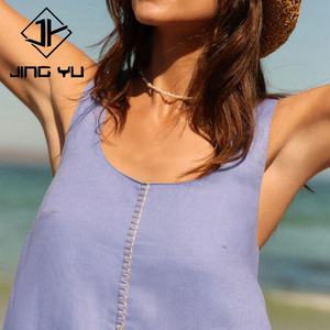 Vestido de Verano Azul Playa Personalizado de Fábrica con Costuras en Contraste Premium, Vestido Mini de Lino 100% Transpirable de Alta Calidad - Product Image 4