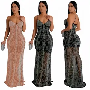 2024 vestido de noche de verano de lujo para mujer, vestido de sirena transparente de malla con tirantes finos, vestidos largos brillantes elegantes para mujer