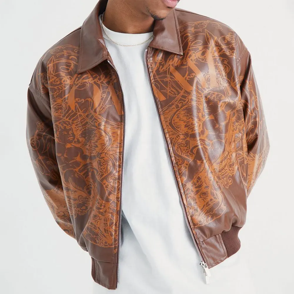 Produsen OEM jaket kulit pria kualitas tinggi jaket kasual kerah Bomber Logo katun poliester tersedia L XL