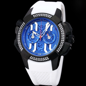 Meilleure Vente Montre Homme de Luxe Attrayante Blanche et Bleue avec Lunette Entièrement Sertie de Diamants, Cadran Squelette Bleu, Chronographe et Bracelet en Caoutchouc Blanc - Product Image 1