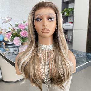 Perruques synthétiques longues super ondulées 13x4 transparentes avec frontale, couleur blond miel, pour cheveux bruns mélangés blonds, sans colle, résistantes à la chaleur - Product Image 5