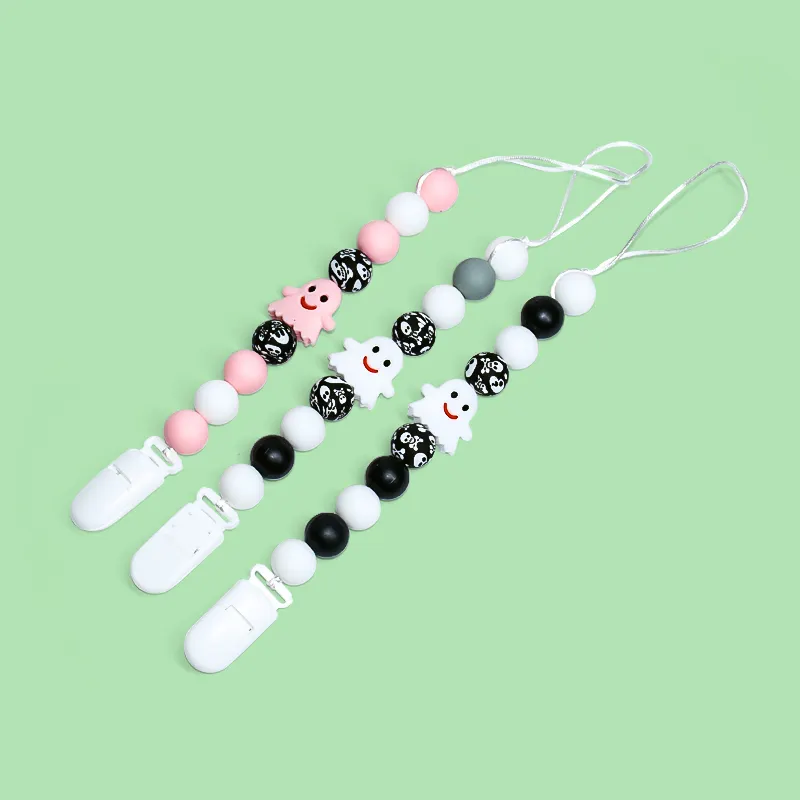 Bpa Free Food Grade Custom halloween Teether Pacifier Chain Baby silicone beads wristlet keychain Bracelet Teething Teether Toy