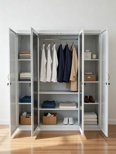 Armoire en acier imprimé haute brillance à 4 portes, double porte miroir battante, cadre blanc, armoire de chambre moderne - Product Image 2