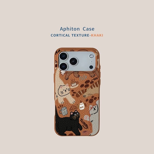 Leather Texture with Cute cat Animal Print Phone Case  Phone Case for 17 Pro Max Full Protective Anti-drop Phone case Wholesale
