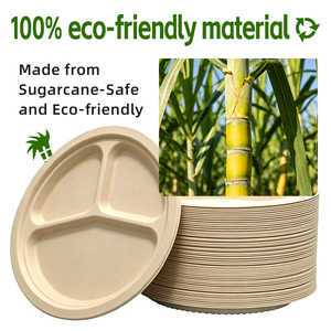 9 Inch Sugarcane Bagasse 3 Compartment <b>Disposable</b> <b>Plate</b> Biodegradable Eco Friendly Food Grade Lunch Tray - Product Image 3