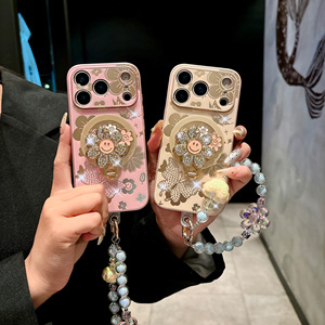 Cho Iphone 17 16 Pro Max Cộng Với Dễ Thương Hoa Kim Cương Rhinestone Bướm Từ Đứng Chủ Ngọc Trai Cổ Tay Chuỗi Điện Thoại Trường Hợp Bìa - Product Image 1