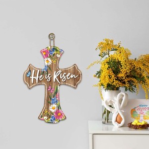 Bricolage personnalisé il est ressuscité signe de croix religieuse de Pâques pour décor de porte d'entrée, cintre de porte en bois chrétien pour porche extérieur extérieur - Product Image 6
