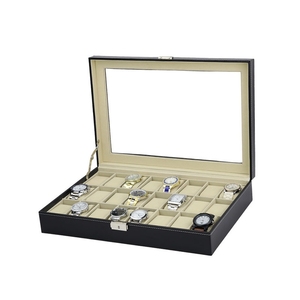 Boîte <span class=keywords><strong>de</strong></span> <span class=keywords><strong>rangement</strong></span> pour montres à bracelet pour <span class=keywords><strong>homme</strong></span> en cuir PU noir à 24 emplacements Grande capacité avec couvercle en verre - Product Image 1