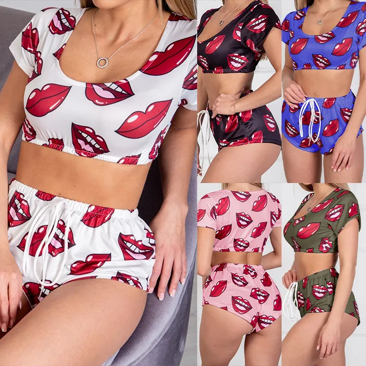 Wish Shop Online Full Print Drawstring Short PJ Set Women's Cute Sleepwear