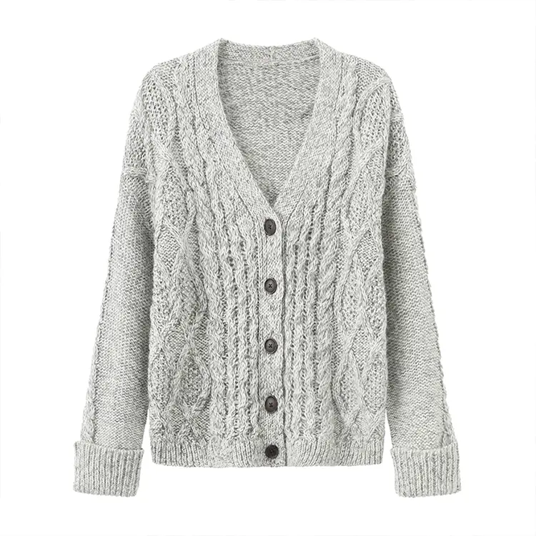 Pull Cardigan Classique Gris Surdimensionné en Tricot à Motif Rayé avec Bouton, Bord Brut, Col V, Manches, Ourlet Côtelé, Couleurs Décontractées