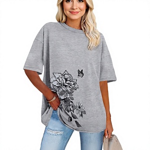 T-shirt décontracté en jersey de coton à imprimé floral gris à col rond et manches courtes pour femme, coupe ample, printemps-été - Product Image 1