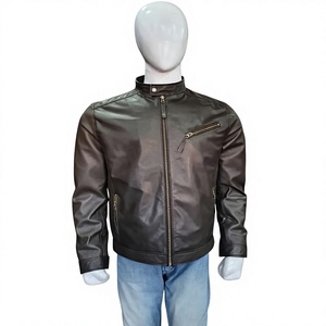 Veste de moto Nabtay Sports pour homme en cuir véritable écologique, col montant, fermeture éclair sur le devant, couleur unie, coupe classique, pour l'automne - Product Image 1