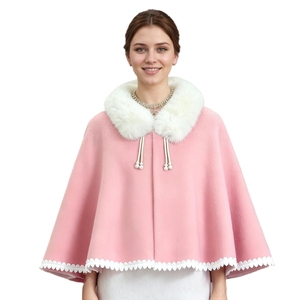 Women Elegant Faux Fur Collar <b>Shawl</b> Sleeveless Lace Trimmed Cloak Fluffy Pearl Closure Open Front Wrap for Bride - Product Image 5