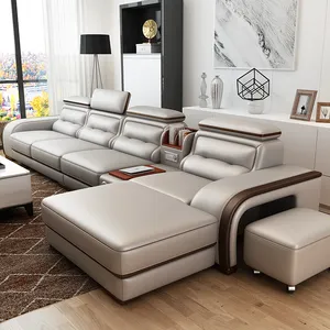 Untuk Rumah Prefab Kustom Penjualan Model Baru Mewah 4 Tempat Duduk Kulit Asli Sofa Ruang Tamu Furnitur dengan Set Alat