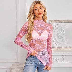 Blusas de malla <span class=keywords><strong>transparente</strong></span> para mujer Encaje de <span class=keywords><strong>flores</strong></span> Top negro Cuello simulado Camisas transparentes Lencería nupcial Camiseta interior floral Camisa <span class=keywords><strong>negra</strong></span> - Product Image 3