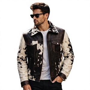 Veste en cuir de vache véritable pour homme, imprimé animal, col rabattu, fermeture éclair, style motard, vêtements d'hiver - Product Image 1