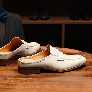 Mocassins pour hommes en cuir véritable à bout fermé, chaussures décontractées classiques blanches - Product Image 4