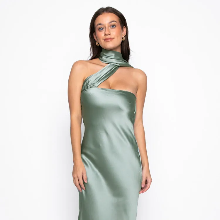 אופנה אלגנטית ארוחת ערב פורמלית ירוק משי סאטן סטרפלס ללא שרוולים ללא גב עיצוב צעיף עניבה ארוכה שמלות ארוכות לנשים