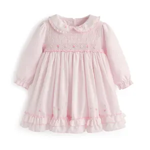 Kids Boutique Clothing Girls Hand Made Smocking Pink Dress Children Smocked Embroidery Flower Pink Dresses Baby Smock Frock