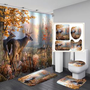Ensemble de tapis de salle de bain antidérapants de luxe personnalisés en 4 pièces, classique, imperméable, en polyester imprimé, pour toutes les saisons, rideau de douche pour la maison - Product Image 2