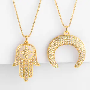 Hot Selling Wholesale Micro Pave Shiny Zircon Fatima Hamsa Hand Moon Necklace Pendant For Women Online Sale