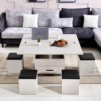 Table Basse Relevable en Bois Multifonctionnelle avec 4 Petits Tabourets pour Salon