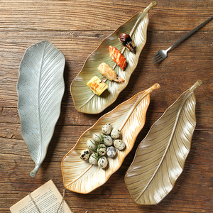 Plats de service en porcelaine, rétro, en forme de feuille, en céramique rustique, longs, pour sushis japonais, grands plateaux de service pour recevoir - Product Image 1