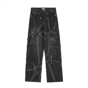 Yüksek sokak vintage tasarımcı örümcek web yama işlemeli yıkama kot punk tarzı hip hop pantolon